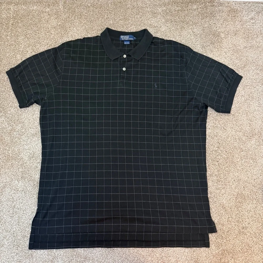 Polo Ralph Lauren Polo Shirt Mens XL Black Grid Windowpane Cotton Short Sleeve